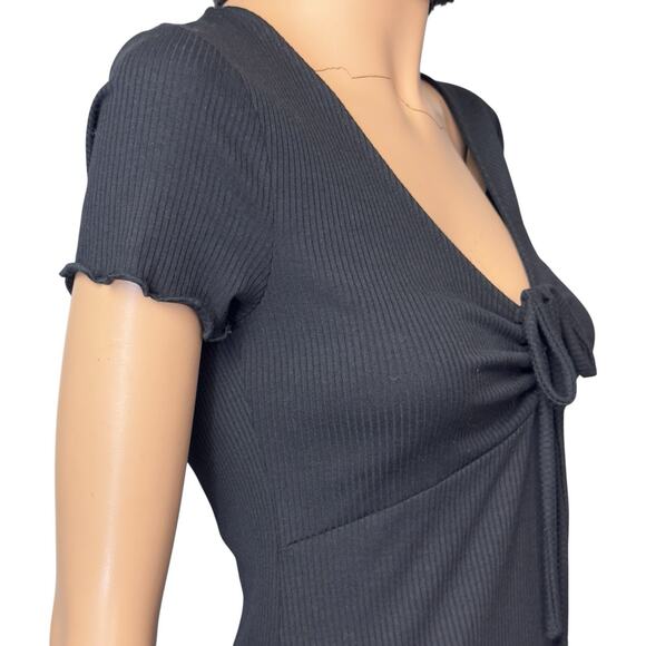Black Mini Dress Babydoll Rib Knit Lettuce Edge Tie Front BP S Whimsigoth Retro - Picture 4 of 15